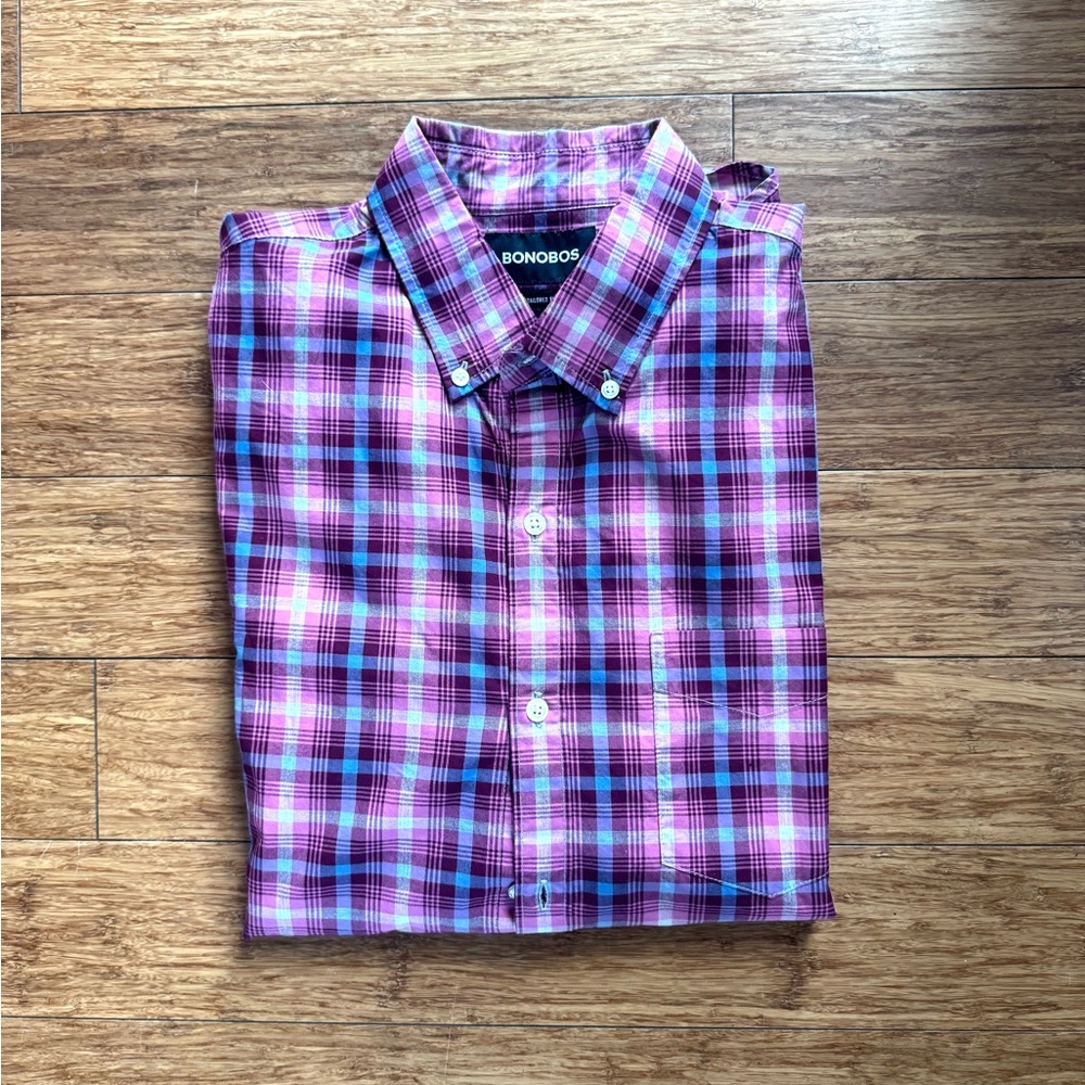 Bonobos Men’s Pink and Blue Plaid Button-Down Shirt